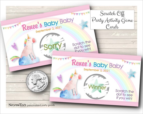 Party Game Scratch Off Cards, Birthday or Baby Shower Activity Game, Unicorn, Rainbow, Pastel Colors, Pink Stripes, Birthday, Baby Shower Il_570xn