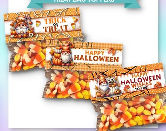 PRINTABLE  Treat Bag Toppers | Halloween Theme | Fall Gnomes, Pumpkins, Leaves | Orange, Brown, Red | 3 PDFs | Instant Download