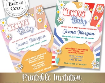 PRINTABLE Party Invitations | Groovy Baby Shower Invitation  | Includes Pastels & Brights Version | Baby Shower | You Edit in Corjl