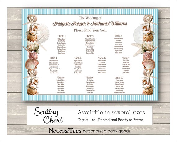 Wedding Seating Chart, Bridal Shower Seating Chart, Sea, Beach, Ocean, Nautical, Aqua Blue & Tan, Beige, Digital or Printed Il_570xn