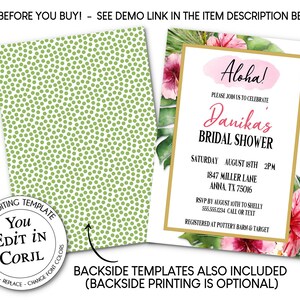 K&ouml;nnte beinhalten: Eine Einladung zur Brautparty mit tropischem Thema. Die Einladung zeigt das Wort "Aloha!" in Rosa, zusammen mit dem Namen der Braut, den Details der Party und den RSVP-Informationen. Das Design umfasst Blumen- und Bl&auml;tterakzente.