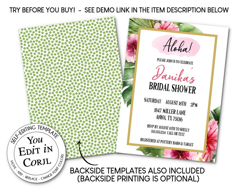 K&ouml;nnte beinhalten: Eine Einladung zur Brautparty mit tropischem Thema. Die Einladung zeigt das Wort "Aloha!" in Rosa, zusammen mit dem Namen der Braut, den Details der Party und den RSVP-Informationen. Das Design umfasst Blumen- und Bl&auml;tterakzente.