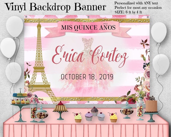 Printed Vinyl Party Banner, 6FT x 4FT, Paris, French Eiffel Tower, Pink Roses, Florals, Quinceanera, Sweet 16, 15TH Birthday, Table Backdrop Il_570xn