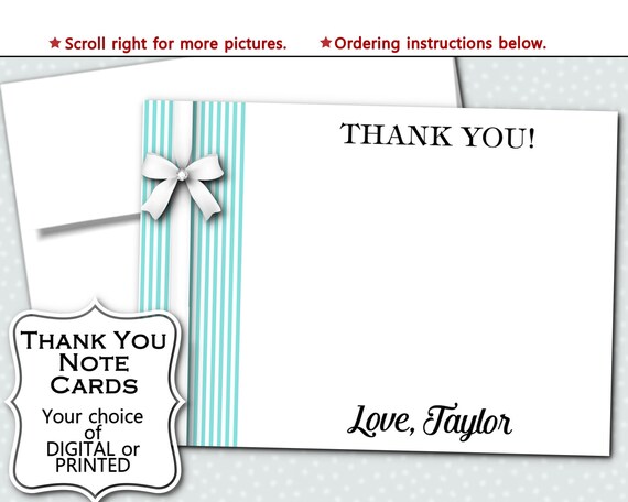 Thank You Note Cards, Bridal or Baby Shower, Birthday Party, Wedding, Aqua Blue, teal, Turquoise, Big White Bow, Digital or Printed Il_570xn