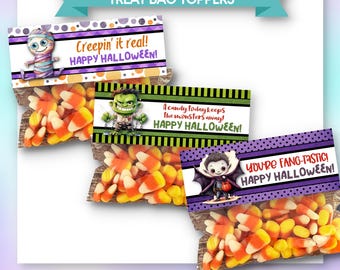 PRINTABLE  Treat Bag Toppers | Halloween Theme | Monsters, Frankenstein, Dracula, Mummy | Orange, Black | 3 PDFs | Instant Download