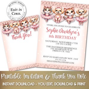 Cartes d'invitation et de remerciement MODIFIABLES | Ballerine pour chats et chiens | Danse classique, Kitty, Puppy | Baby shower ou anniversaire | Vous effectuez le montage à Corjl