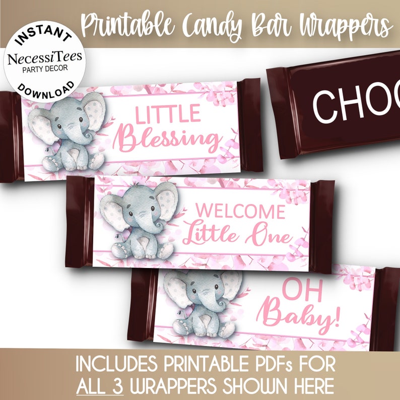 PRINTABLE Baby Shower Candy Bar Wrapper Templates Pink Colors Baby Elephant Eucalyptus 3 PDFs NON Editable Instant Download image 1