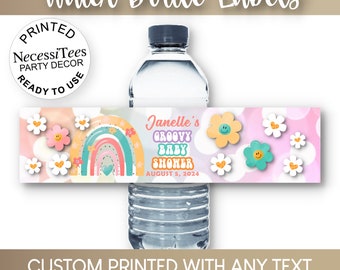 PRINTED Waterproof Peel & Stick Water Bottle Labels | Groovy Baby 60's 70's Theme |  Baby Shower, Gender Reveal, Baby Sprinkle