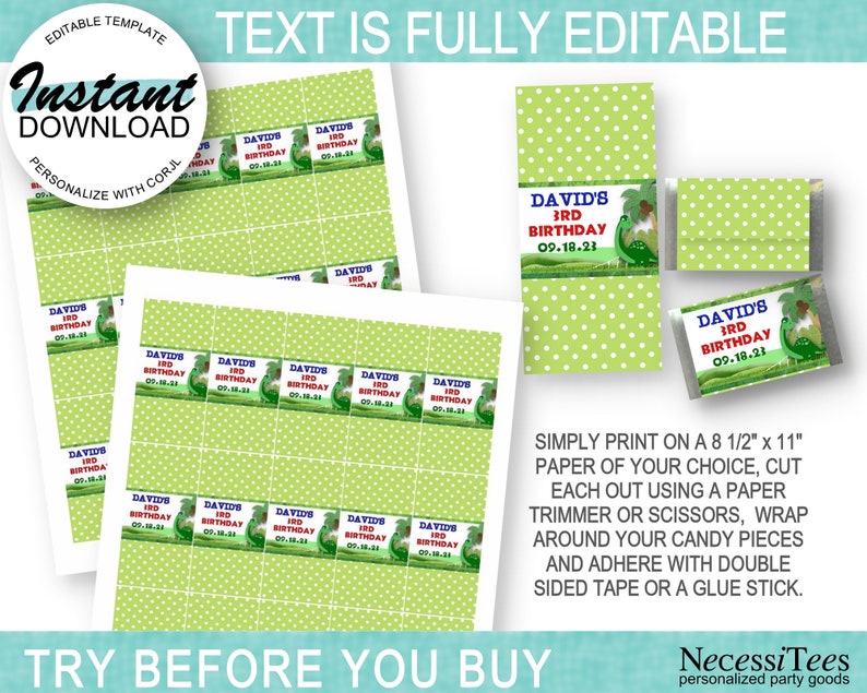 PRINTABLE Mini Candy Wrappers Template Dinosaur Theme | Etsy