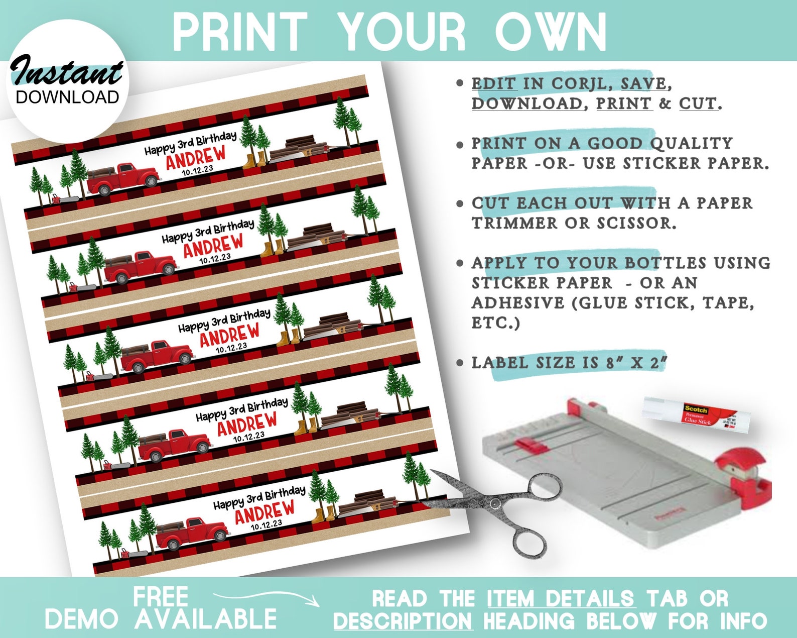 PRINTABLE Water Bottle Labels Printable Lumberjack Theme | Etsy UK