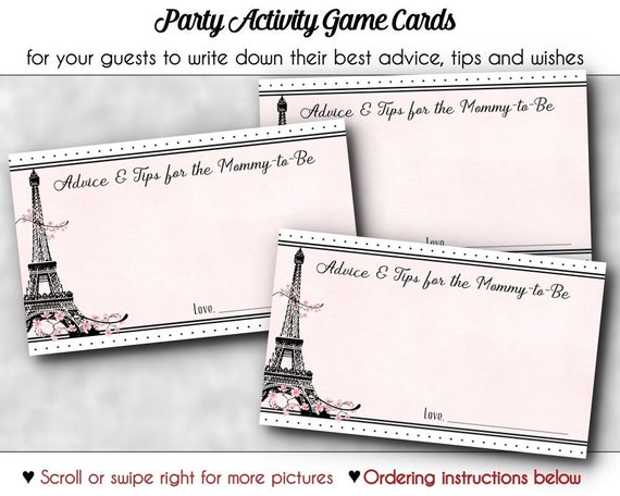 Mommy to Be Advice Cards, Baby Shower Party Games, Shower Activity Cards, French, Paris, Pariesienne, Eiffel Tower, Pink, Black Il_570xn
