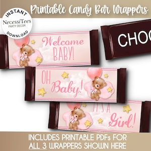 PRINTABLE | Baby Shower | Candy Bar Wrapper Templates | Bear with Pink Balloons | 3 PDFs | NOT Editable | Instant Download