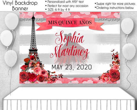 Printed Vinyl Party Banner, 6FT x 4FT, Red, Black, RedRoses, Florals, Frecnh Eiffel Tower, Quinceanera, Sweet 16, 15TH Birthday, Backdrop Il_570xn