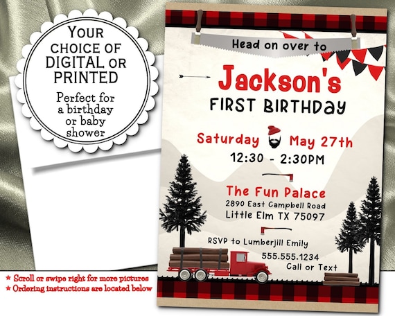 Party Invitations, Digital or Printed, Birthday, Baby Shower, Lumberjack, Red & Black Plaid Buffalo Check, Truck, Timber Il_570xn