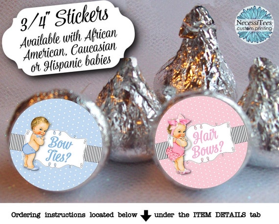 3/4" Round Candy Stickers, Gender Reveal, Baby Shower, Pink, Blue, Hair Bows, Bow Ties, African American, Caucasian, Hispanic, 108 Stickers Il_570xn