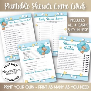 Jeux de fête pour baby shower à imprimer | Bébé ours et ballon | 4 cartes d'activités pour baby shower | Bleu pastel