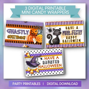 Puede incluir: Tres envoltorios digitales imprimibles para mini caramelos con temas de Halloween. Uno muestra calabazas con el texto GHASTLY GREETINGS. Otro muestra un gato negro y una telaraña con HAVE A PURR-FECTLY HAPPY HALLOWEEN. El tercero muestra un sombrero de bruja con HAVE A HAUNTED HALLOWEEN.