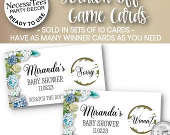 PRINTED Scratch Off Cards | Set of 10 Cards | Party or Shower Activity | Blue & White Hydrangeas Design | Perfect for Most Any Occasion
