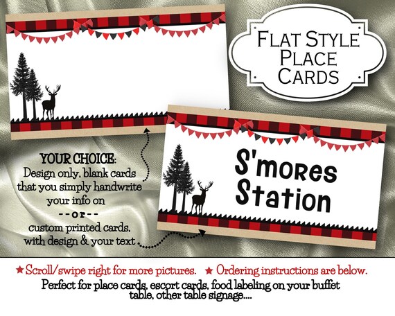 Flat Style Place Cards, Buffet Food Labels, Birthday, Baby Shower, Lumberjack, Red & Black Buffalo Plaid Flannel Check, Trees, Deer Il_570xn