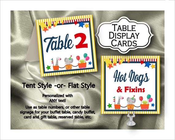 Table Number Cards, Table Signage, Food Labeling Cards, Circus, Carnival, Elephant, Giraffe, Frog, Stars, Balloons, Red, Blue, Green, Yellow Il_570xn