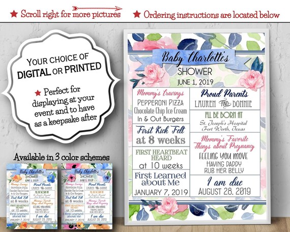 Baby Shower Poster, 11x14, 16x20, 18x24, Spring Flowers, Florals, Roses, Daisies, Chalkboard Look, Digital or Printed, In 3 Color Schemes Il_570xn