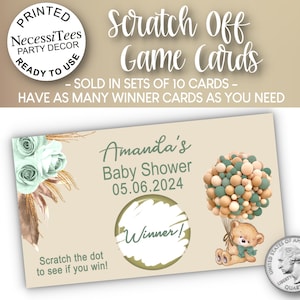 PRINTED Scratch Off Cards | Set of 10 Cards | Party Games | Shower Activity | Baby Bear with Green Balloons &Roses | Baby Shower or Birthday