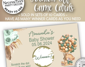 PRINTED Scratch Off Cards | Set of 10 Cards | Party Games | Shower Activity | Baby Bear with Green Balloons &Roses | Baby Shower or Birthday