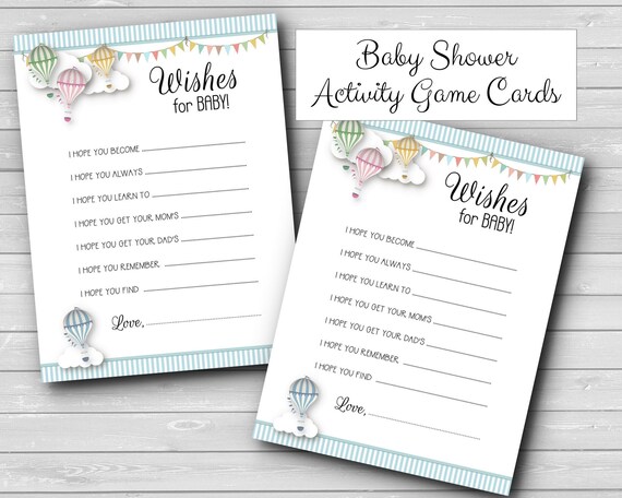 Wishes for Baby Cards, Baby Shower Party Games, Activity Game Cards, Baby Gender Reveal Party, Hot Air Balloons & Clouds, Pastel Colors Il_570xn