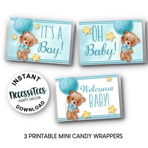 Bear Baby Shower Mini Candy Wrappers: Blue Balloons (PDF Template)