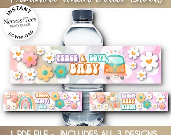 PRINTABLE Water Bottle Labels | PDF | Groovy Baby Theme | Baby Shower, Gender Reveal, Baby Oh Baby Pink & Blue, Print Your Own