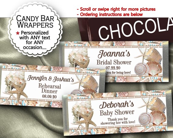 Candy Bar Wrappers, Aqua Blue Stripes, Sea Shells, Starfish, Beach, Sea, Ocean, Nautical, Wedding, Bridal Shower, Birthday, Pool or Summer Il_570xn