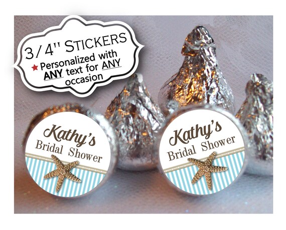 3/4" Candy Stickers, Wedding, Bridal Shower, Birthday, Summer Party, Sea Shells, Beach, Ocean, Nautical, Aqua Blue & Tan, 108 Stickers Il_570xn