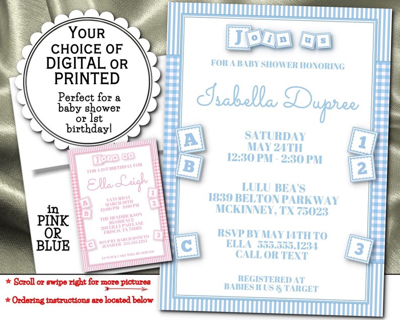 Party Invitations Baby Blocks Abc Pink Or Blue Stripes Etsy Party Invitations Baby Blocks Abc Pink Or Blue Stripes Etsy