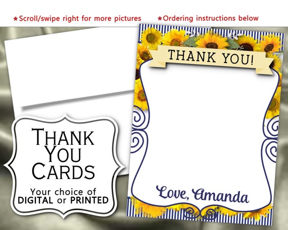 Thank You Note Cards, Sunflowers, Navy & Yellow Color Scheme, Bridal Shower, Baby Shower, Wedding, Birthday Party, Digital or Printed Il_570xn