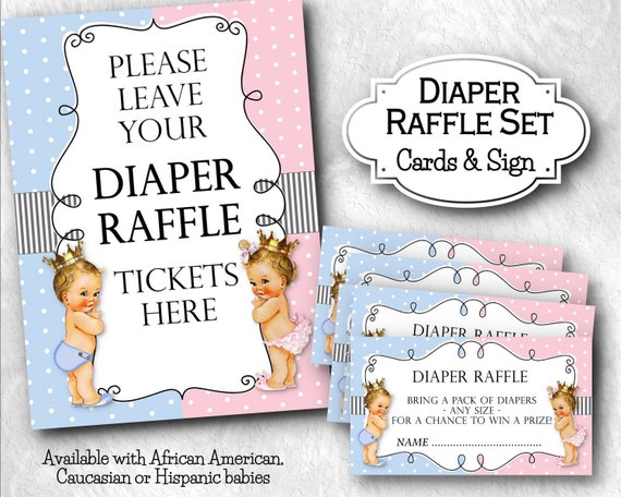 Diaper Raffle Cards & Sign Set, Raffle Inserts, Baby Shower, Baby Prince, Princess, Royal, Pink, Blue, African American, Caucasian, Hispanic Il_570xn