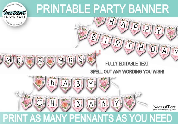 DIGITAL, Party Decoration, Banner, Bunting, Flowers, Florals, Shades of Pink Roses, Wedding, Birthday, Engagement, Bridal or Baby Shower Il_570xn