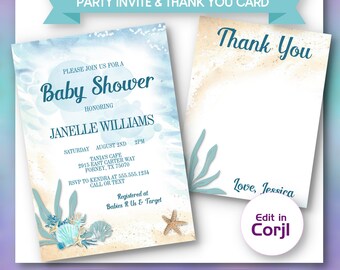 Beach Baby Shower Invitation & Thank You Card (Digital Download, Editable in Corjl)