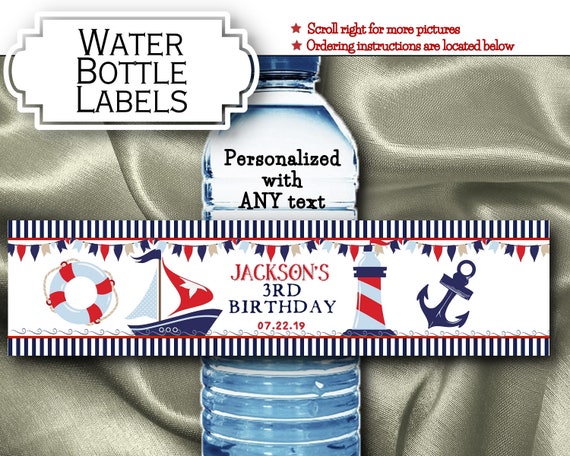 Water Bottle Labels, Waterproof Peel & Stick, Birthday Party, Baby Shower, Nautical Theme, Navy Stripes, Sail Boat, Anchor, Ocean, Navy, Red Il_570xn