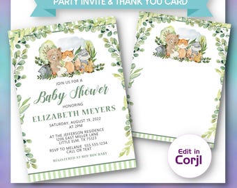 Könnte beinhalten: Digital druckbare Babyparty-Einladung und Dankeskarte. Die Einladung zeigt Aquarellillustrationen von Waldtieren und Grün. Der Text lautet „Join us for a Baby Shower honoring Elizabeth Meyers“. Die Karte ist in Corjl bearbeitbar.