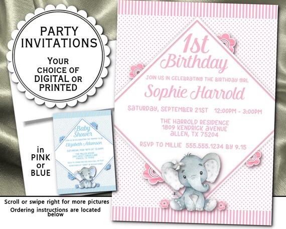 Party Invitations, Digital or Printed, Birthday, Gender Reveal, Baby Shower, Baby Elephants, Pastel Pink, Pastel Blue Il_570xn