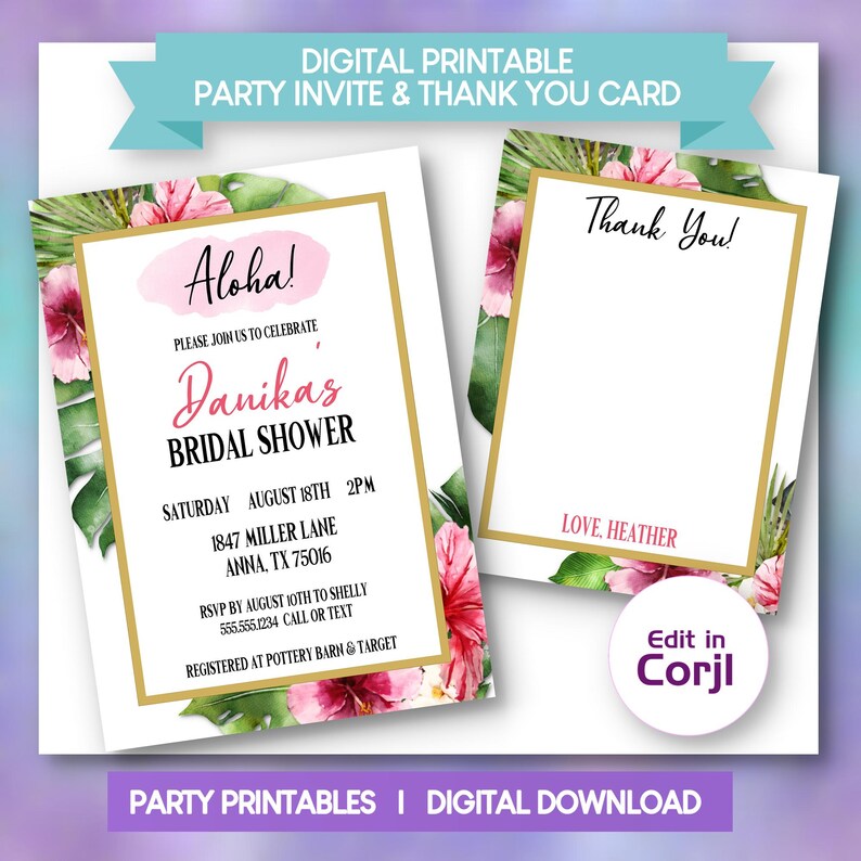 K&ouml;nnte beinhalten: Digitale druckbare Party-Einladungs- und Dankeskarte. Die Einladung zeigt das Wort "Aloha" in Rosa, mit Details f&uuml;r eine Brautparty. Die Dankeskarte hat ein Blumendesign und die Worte "Thank You!" in Schwarz. Beide Karten haben einen goldenen Rand.
