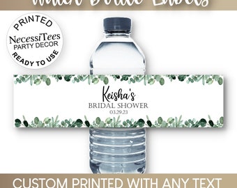 PRINTED Water Bottle Labels | Waterproof Peel & Stick | 8" x 2"  | Greenery Eucalyptus Theme | Bridal or Baby Shower, Wedding, Birthday