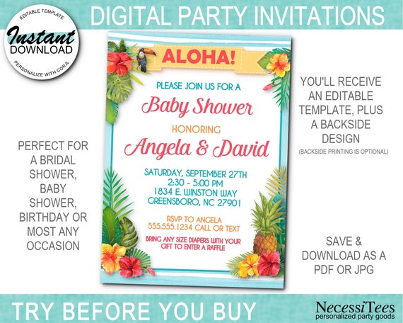 DIGITAL Party Invitations, Hawaiian, Tropical, Hibiscus Flowers, Luau, Pool Party, Bridal, Baby Shower, Birthday, Instant Download Il_570xn