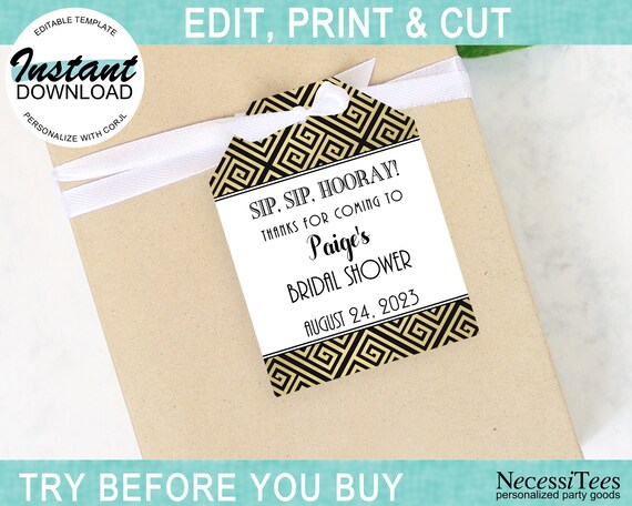 Gift Tags, Art Nouveau, Gatsby, Gold, Black, Bridal Shower, Baby Shower, Birthday, Instant Download, Edit, Print Yourself, Corjl Il_570xn