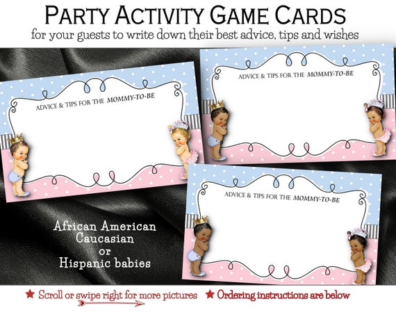 Advice Cards, Baby Shower Party Games, Gender Reveal Party, Prince, Princess, Pink, Blue, African American, Caucasian, Hispanic Babies Il_570xn