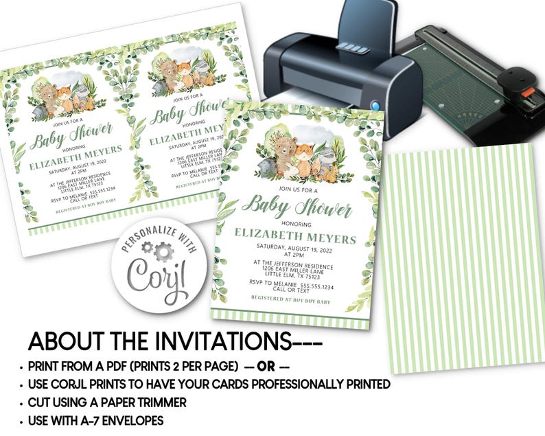 May include: Baby shower invitations with a watercolor woodland animal theme. The invitations feature a green and white leaf border and include event details. A printer, paper cutter, and striped paper are also visible.