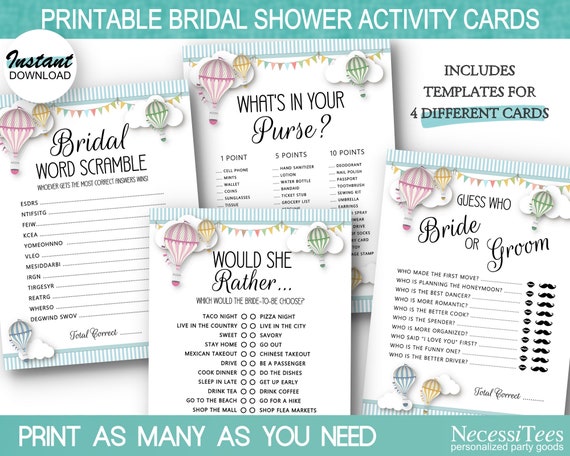 DIGITAL Bridal Shower Party Games, 4 Bridal Shower Party Activity Cards, Hot Air Balloons in Pastel Colors, Instant Download Il_570xn