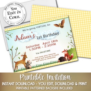 PRINTABLE Party Invitations, Baby Woodland Forest Animals, Fox, Raccoon, Hedgehog, Owl, Baby Shower, Birthday, You Edit in Corjl