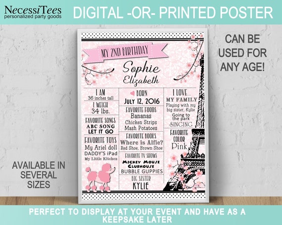 Paris Birthday Stat Chalk board Digital Poster -ANY COLORS