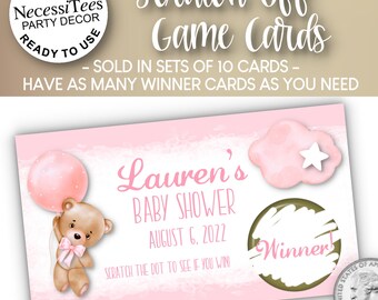 PRINTED Scratch Off Cards | Set of 10 Cards | Party Games | Party or Shower Activity | Baby Bear with Pink Balloon | Baby Shower or Birthday